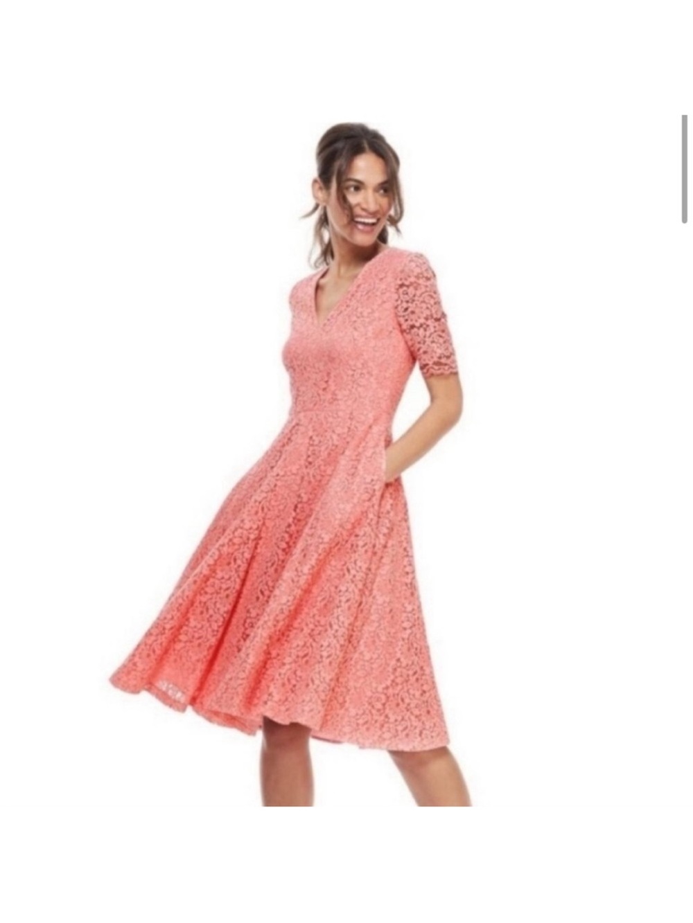 Gal Meets Glam Coral Lace Fit-and-Flare Dress with V-Neck